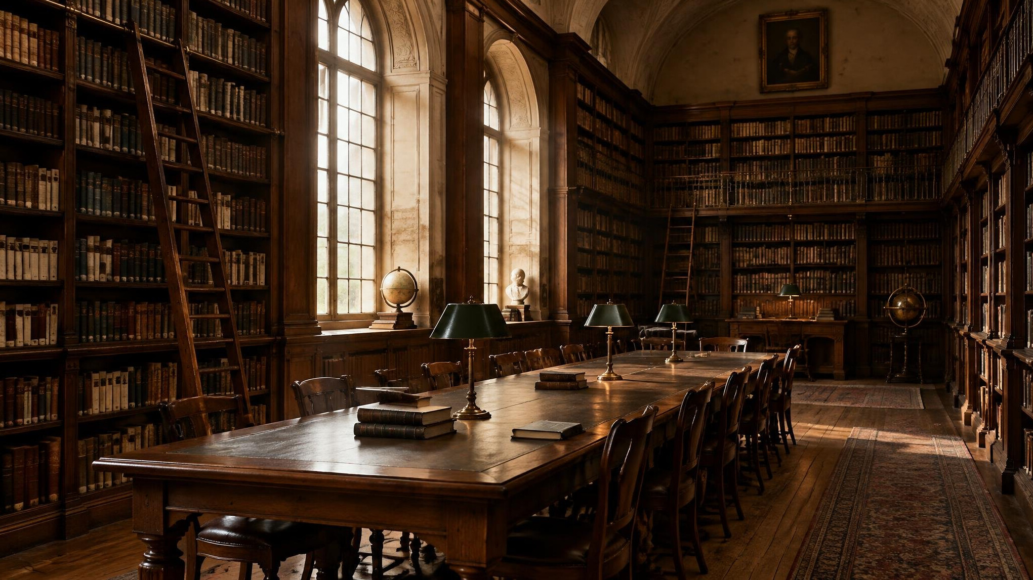 Quiet reading room with tall wooden bookshelves and soft window light